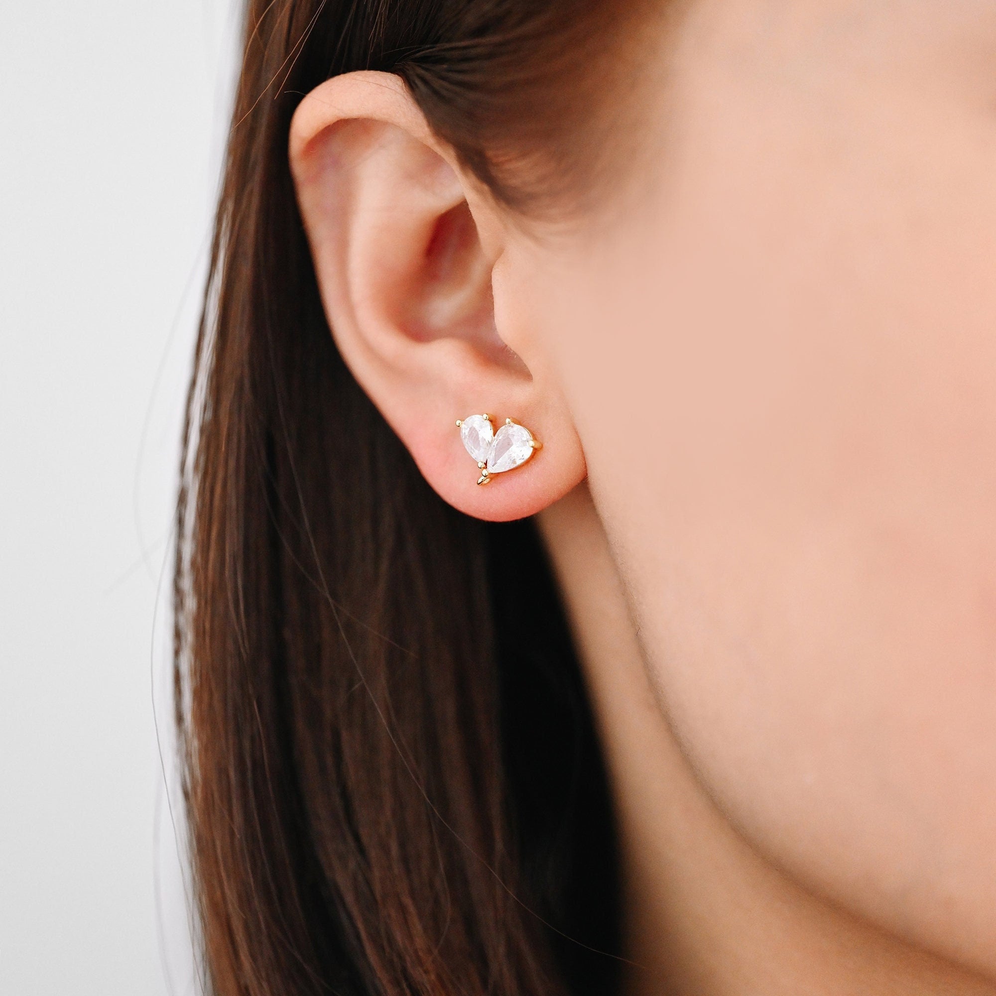 4pcs CZ Pave Heart Earring with Loop, Gold Plated Brass leaf Stud Earrings, Teardrop Earring, Wholesale Supplies (GB-3328)